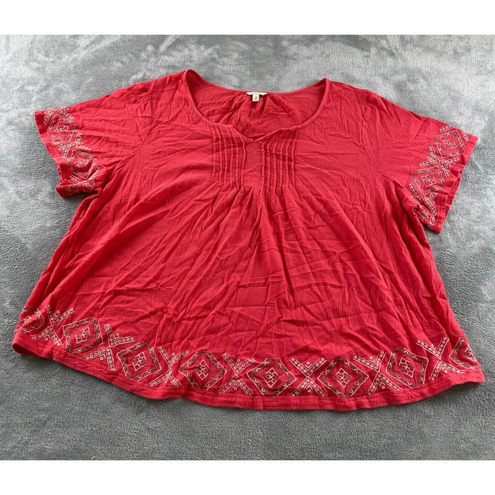 Sonoma Life Style Red Embroidered Cotton Gauze Blouse Plus Size 3X Short Sleeve